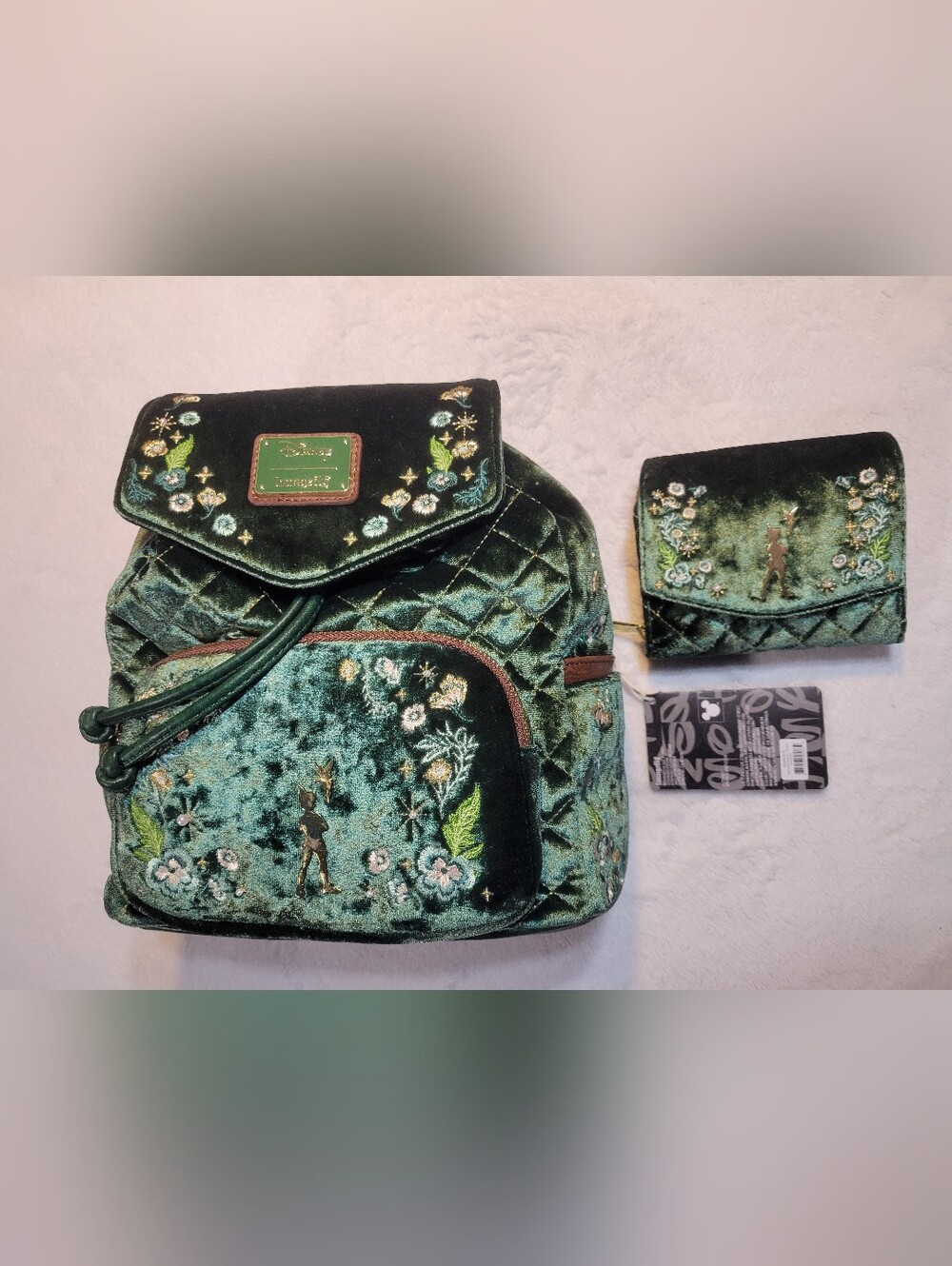 Peter Pan Tinkerbell Loungefly Exclusive Quilted Green Mini Backpack And Wallet